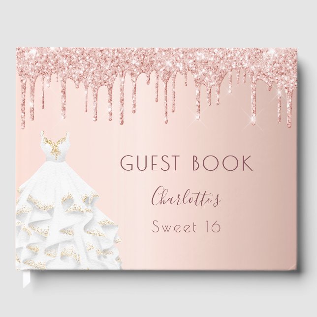 Rose gold drips blush dress Sweet 16 Guest Book (Front)