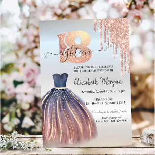 Rose Gold  Drips Chic Dress Silver 18th Birthday   Invitation