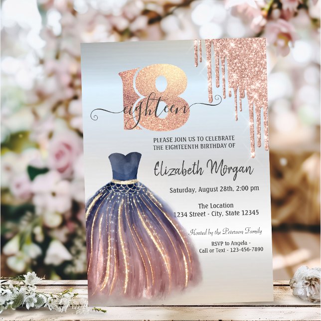 Rose Gold  Drips Chic Dress Silver 18th Birthday   Invitation (Creator Uploaded)