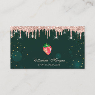 Rose Gold Drips Chic Strawberry Green Business Card