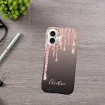 Rose gold drips copper ombre name girly iPhone 16 case<br><div class="desc">An elegant,  girly and glam phone case. Rose gold,  copper drips,  paint drip.  Black,  brown ombre background. Insert your name,  written with a modern hand lettered style script. Rose gold coloured letters.</div>