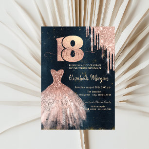 Rose Gold Drips Dress,Dark Blue 18th Birthday  Invitation