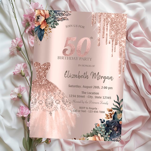 Rose Gold Drips Dress Moody Flowers 50th Birthday Invitation (Creator Uploaded)