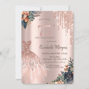 Rose Gold Drips Dress Moody Flowers 75th Birthday Invitation