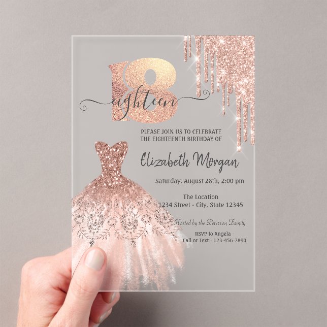 Rose Gold  Drips Dress Silver 18th Birthday  Acrylic Invitations (Insitu (Handheld))