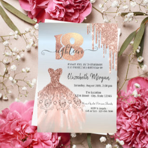 Rose Gold  Drips Dress Silver 18th Birthday  Invitation