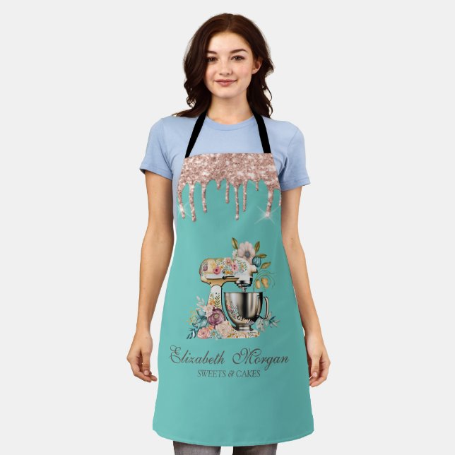 Rose Gold Drips Floral Cake Mixer Mint Green Apron (Worn)