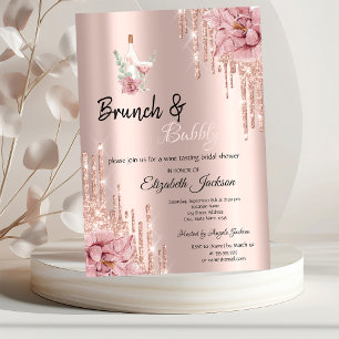 Rose Gold  Drips Flowers Wine Brunch & Bubbly  Invitation