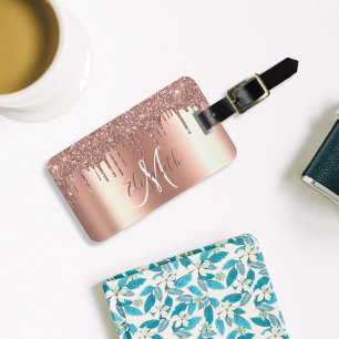Rose Gold Drips Glitter Metal Monogram Luggage Luggage Tag