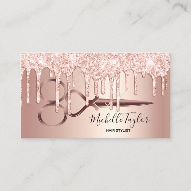 Rose Gold drips hairstylist hairdresser scissors Business Card (Front)