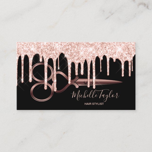 Rose Gold drips hairstylist hairdresser scissors Business Card (Front)