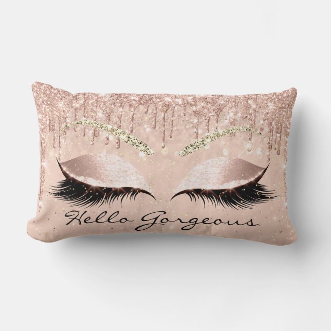 Rose Gold Drips Makeup Lashes Hello Gorgeous Brown Lumbar Cushion (Front)