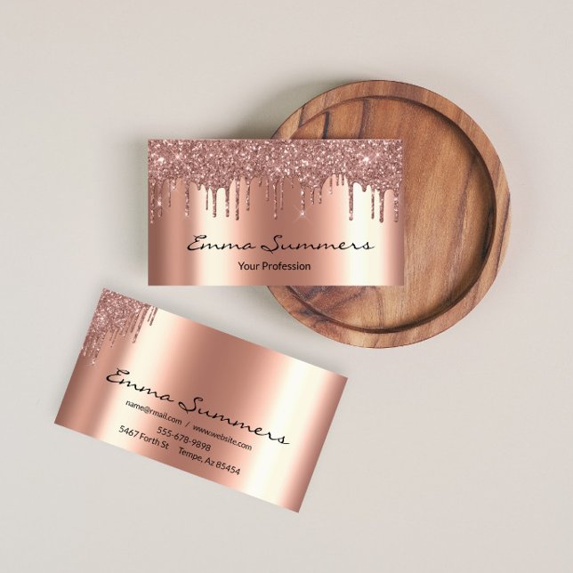 Rose Gold Drips Metal Elegant Customise Glitter Business Card (Creator Uploaded)