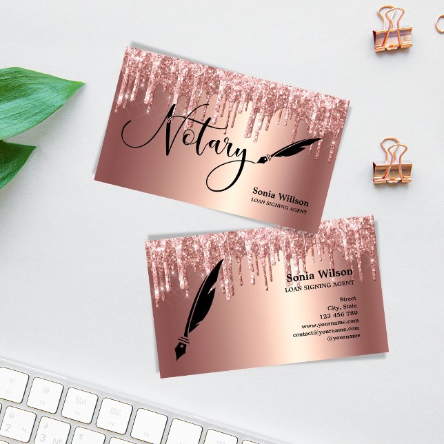 Rose Gold Drips Modern Notary Loan Signing Agent Business Card (Creator Uploaded)