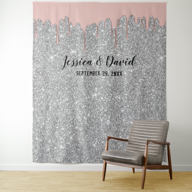 Rose Gold Drips Silver Glitter Wedding Backdrops Tapestry (In Situ)