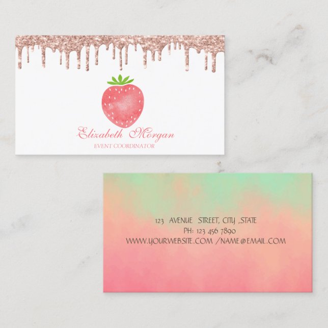 Rose Gold Drips Strawberry Business Card (Front/Back)