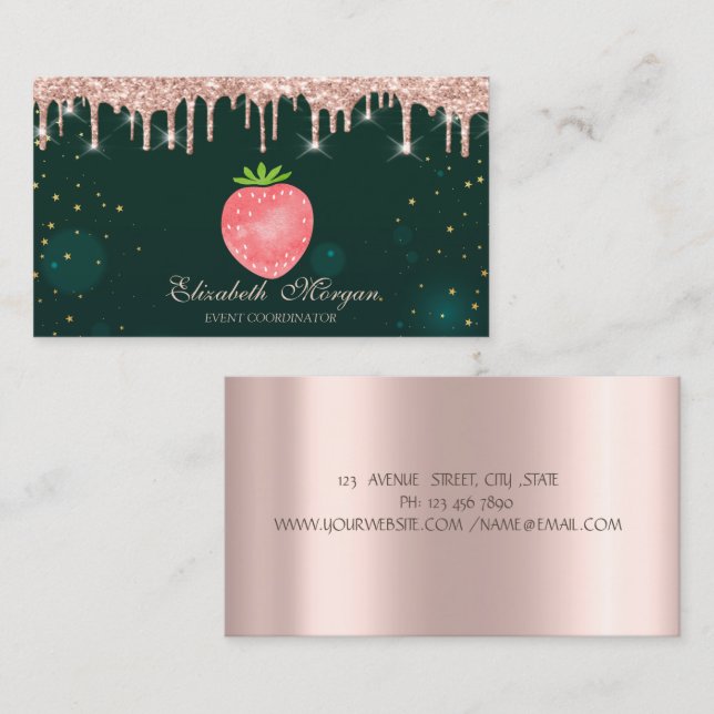 Rose Gold Drips Strawberry Green Business Card (Front/Back)