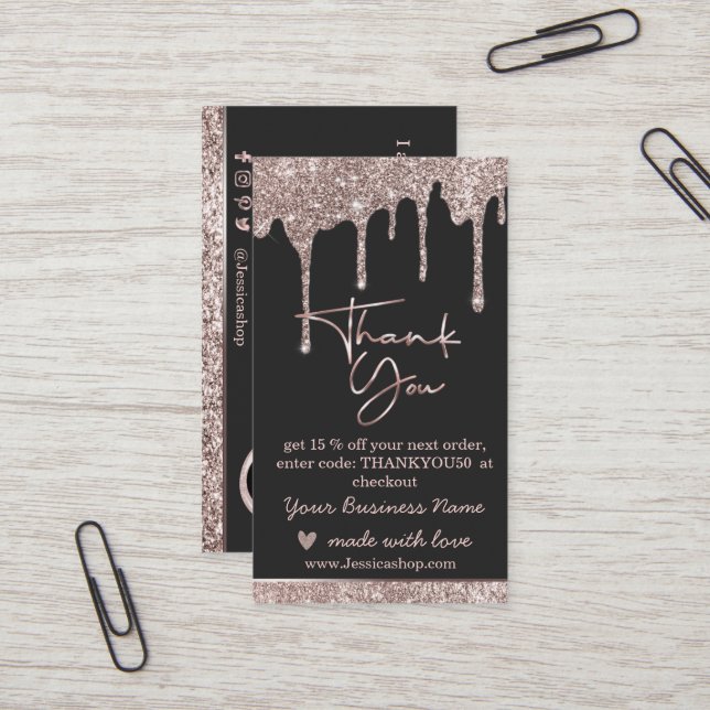 Rose gold drips thank you business card (Front/Back In Situ)
