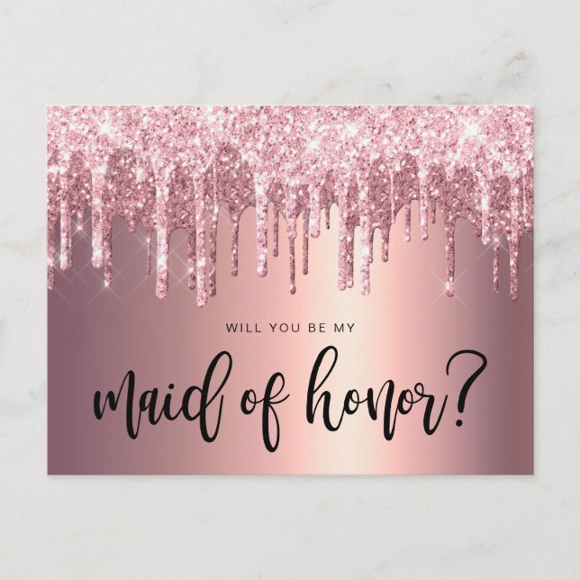 Rose gold drips will you be my maid of honour invitation postcard (Front)