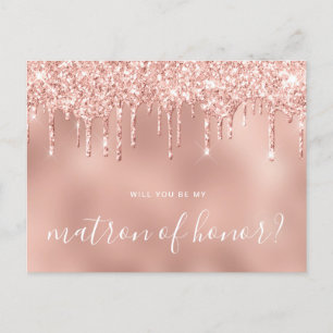 Rose gold drips will you be my matron of honour invitation postcard