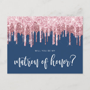 Rose gold drips will you be my matron of honour invitation postcard