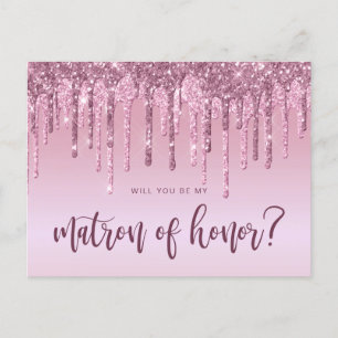 Rose gold drips will you be my matron of honour invitation postcard