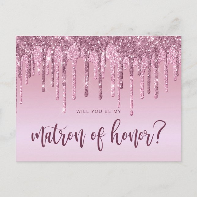 Rose gold drips will you be my matron of honour invitation postcard (Front)