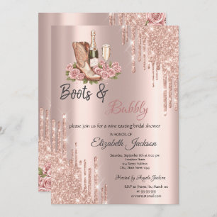 Rose Gold  Drips Wine Boots & Bubbly Bridal  Invitation
