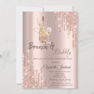 Rose Gold  Drips Wine Glass Brunch & Bubbly  Invitation