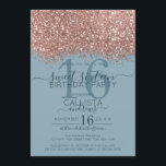 Rose Gold Dusty Blue Glitter Confetti Sweet 16 Invitation<br><div class="desc">The elegant, glamourous, and modern sweet sixteen birthday party invitation is perfect for the contemporary and stylish young teenage girl. It features a faux printed rose gold sparkly glitter confetti speckled colour block on top of a simple dusty blue background with a large number "16" in a matching pink gold-tone....</div>