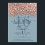 Rose Gold Dusty Blue Glitter Confetti Sweet 16 Invitation<br><div class="desc">The elegant, glamourous, and modern sweet sixteen birthday party invitation is perfect for the contemporary and stylish young teenage girl. It features a faux printed rose gold sparkly glitter confetti speckled colour block on top of a simple dusty blue background with a large number "16" in a matching pink gold-tone....</div>