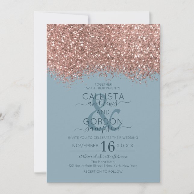 Rose Gold Dusty Blue Glitter Confetti Wedding Invitation (Front)