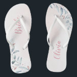 Rose Gold Dusty Blue Greenery bride Flip Flops<br><div class="desc">Rustic dusty blue watercolor botanical foliage greenery design,  with personalised name,  simple and elegant,  great personalised gifts for bride
See all the matching pieces in collection</div>