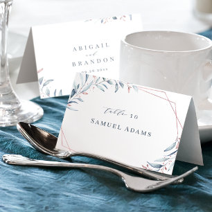 Rose Gold Dusty Blue Greenery Geometric Place Card