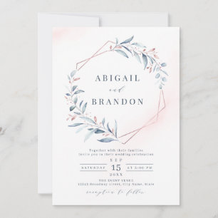 Rose Gold Dusty Blue Greenery Geometric Wedding Invitation