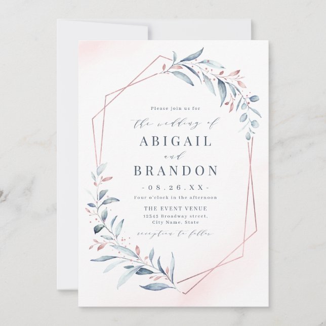 Rose Gold Dusty Blue Greenery Geometric Wedding Invitation (Front)