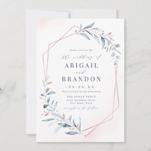 Rose Gold Dusty Blue Greenery Geometric Wedding Invitation