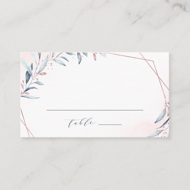 Rose Gold Dusty Blue Greenery Geometric Wedding Place Card (Front)