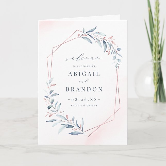 Rose Gold Dusty Blue Greenery Geometric Wedding Program (Front)