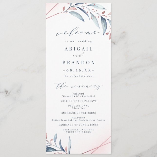 Rose Gold Dusty Blue Greenery Geometric Wedding Program (Front)