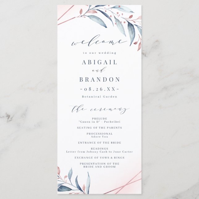 Rose Gold Dusty Blue Greenery Geometric Wedding Program (Front)