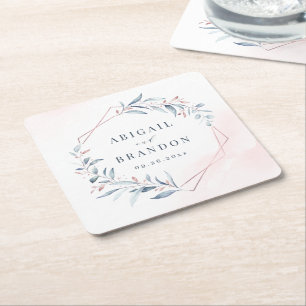 Rose Gold Dusty Blue Greenery Geometric Wedding Square Paper Coaster