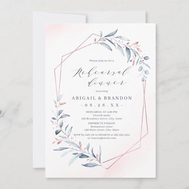 Rose Gold Dusty Blue Greenery Rehearsal Dinner Invitation (Front)