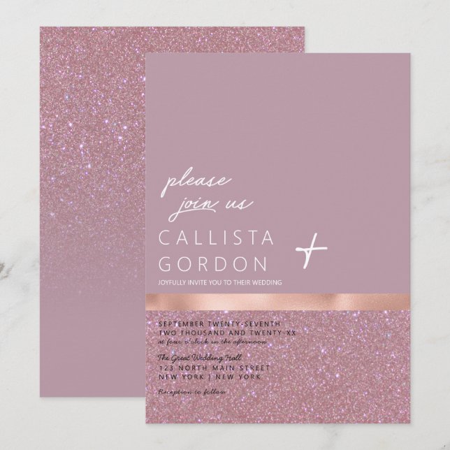 Rose Gold Dusty Mauve Glitter Colour Block Wedding Invitation (Front/Back)