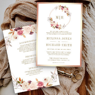Rose Gold Dusty Pink Floral All in One Wedding Invitation