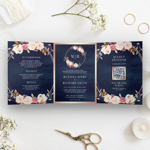 Rose Gold Dusty Pink Floral QR Code Navy Wedding Tri-Fold Invitation