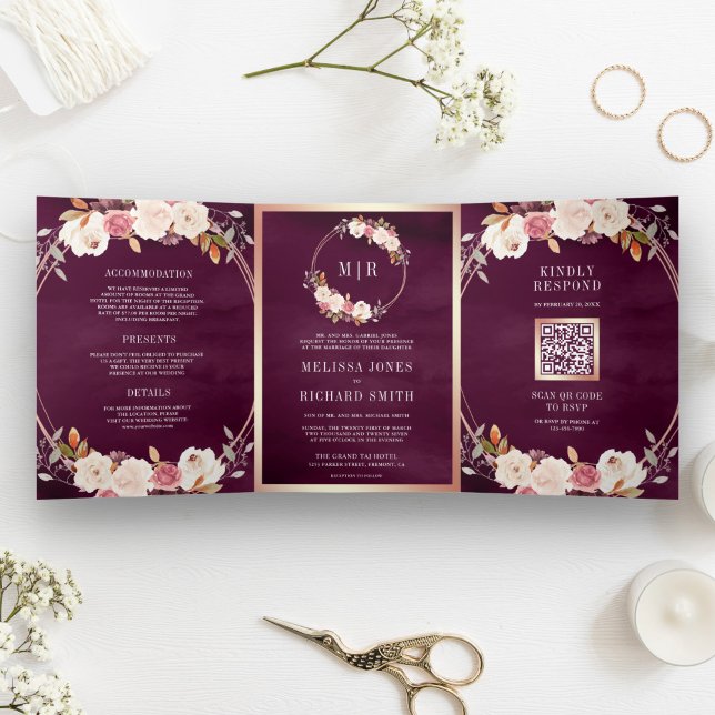 Rose Gold Dusty Pink Floral QR Code Plum Wedding Tri-Fold Invitation (Creator Uploaded)