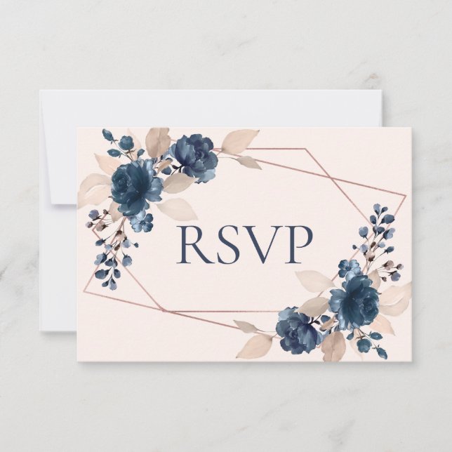 Rose Gold Dusty Pink Navy Flora Wedding RSVP Card (Front)