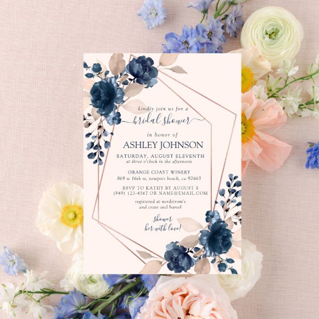 Rose Gold Dusty Pink Navy Floral Bridal Shower Invitation (Creator Uploaded)