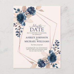 Rose Gold Dusty Pink Navy Floral Delay The Date Announcement Postcard